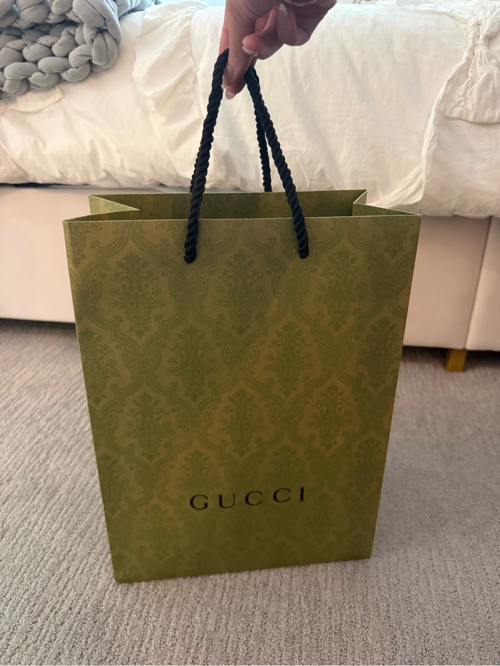 Gucci Olive Green Patterned Shopping Bag with Black Rope Handles